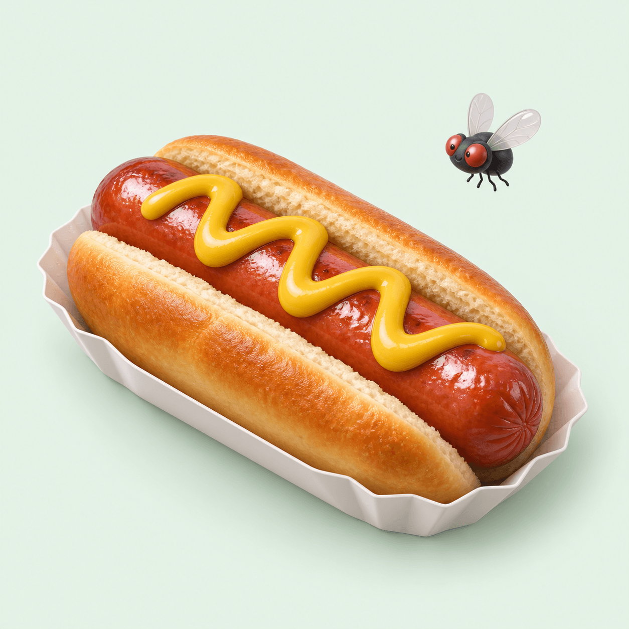 A golden hotdog with mustard on a paper tray, watched by a tiny friendly fly